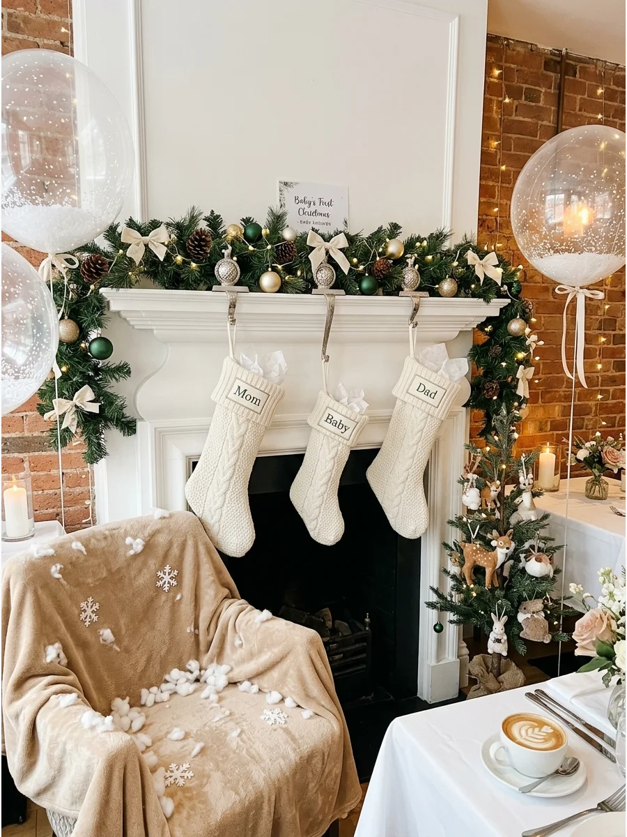 A set of cream knit stockings hanging on a fireplace mantle.