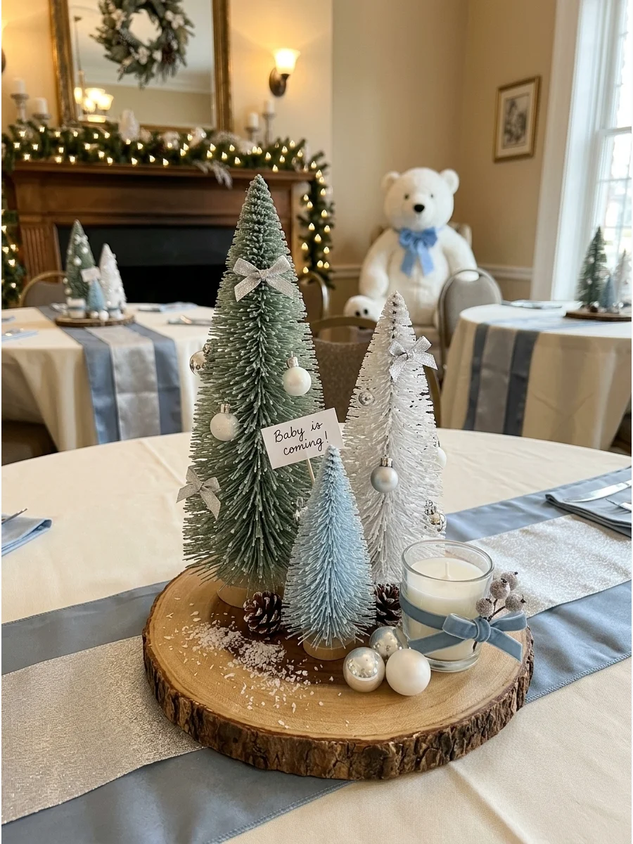 Green and silver bottlebrush trees on a wood slice centerpiece.