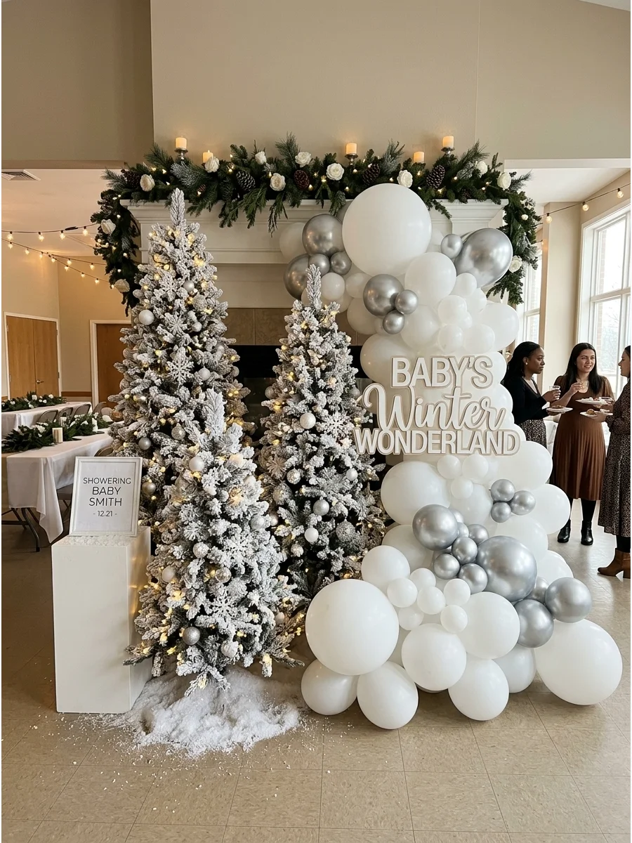 White flocked Christmas trees and white balloons for a winter wonderland baby shower.
