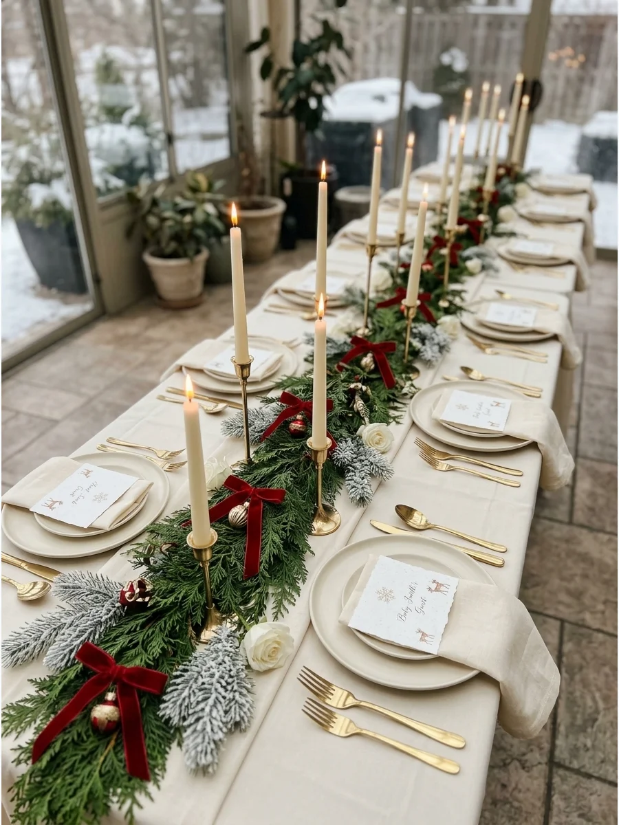 A holiday tablescape with an evergreen runner and gold candles.
