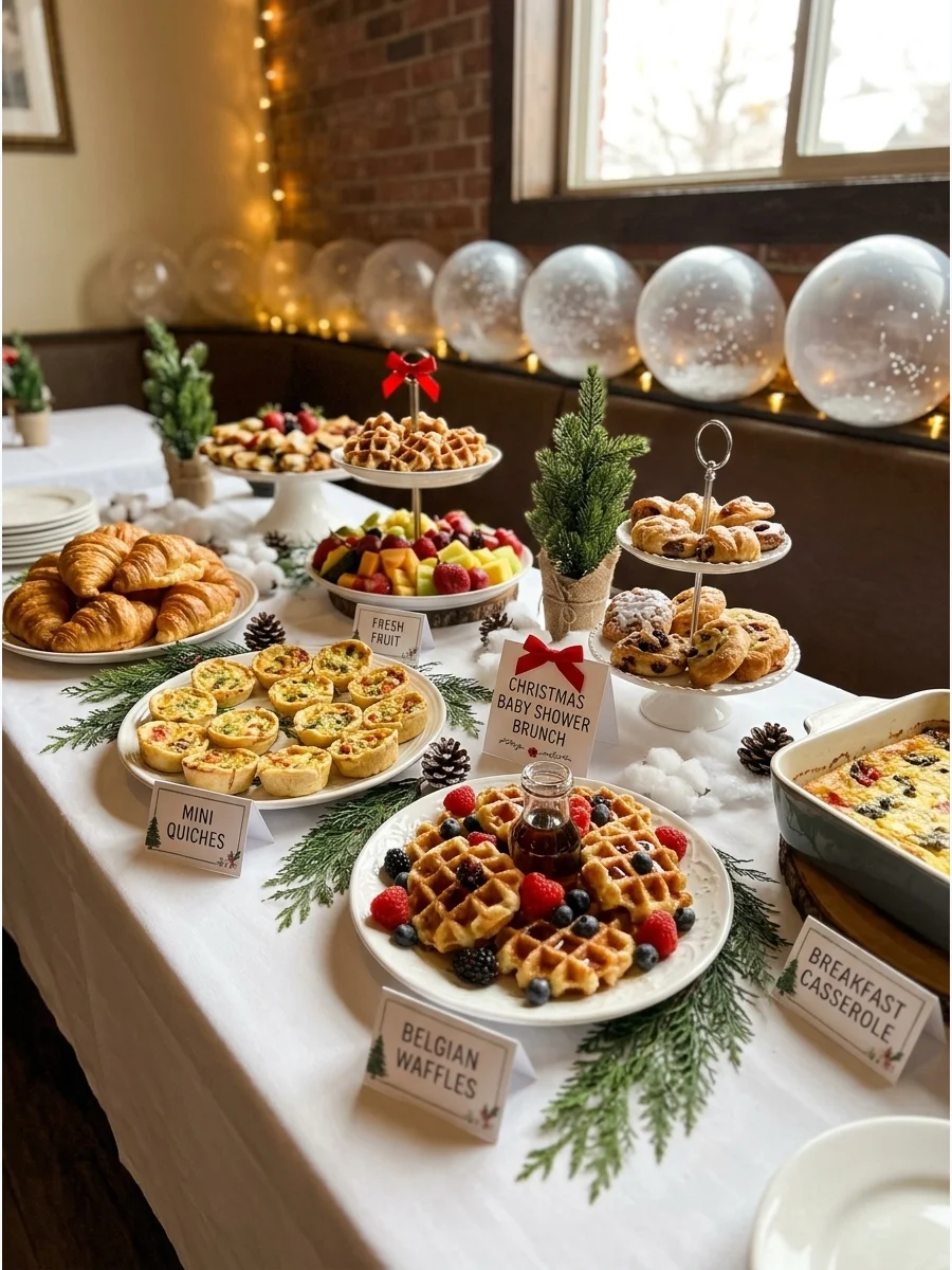 A holiday brunch buffet with mini quiches and waffles on tiered stands.