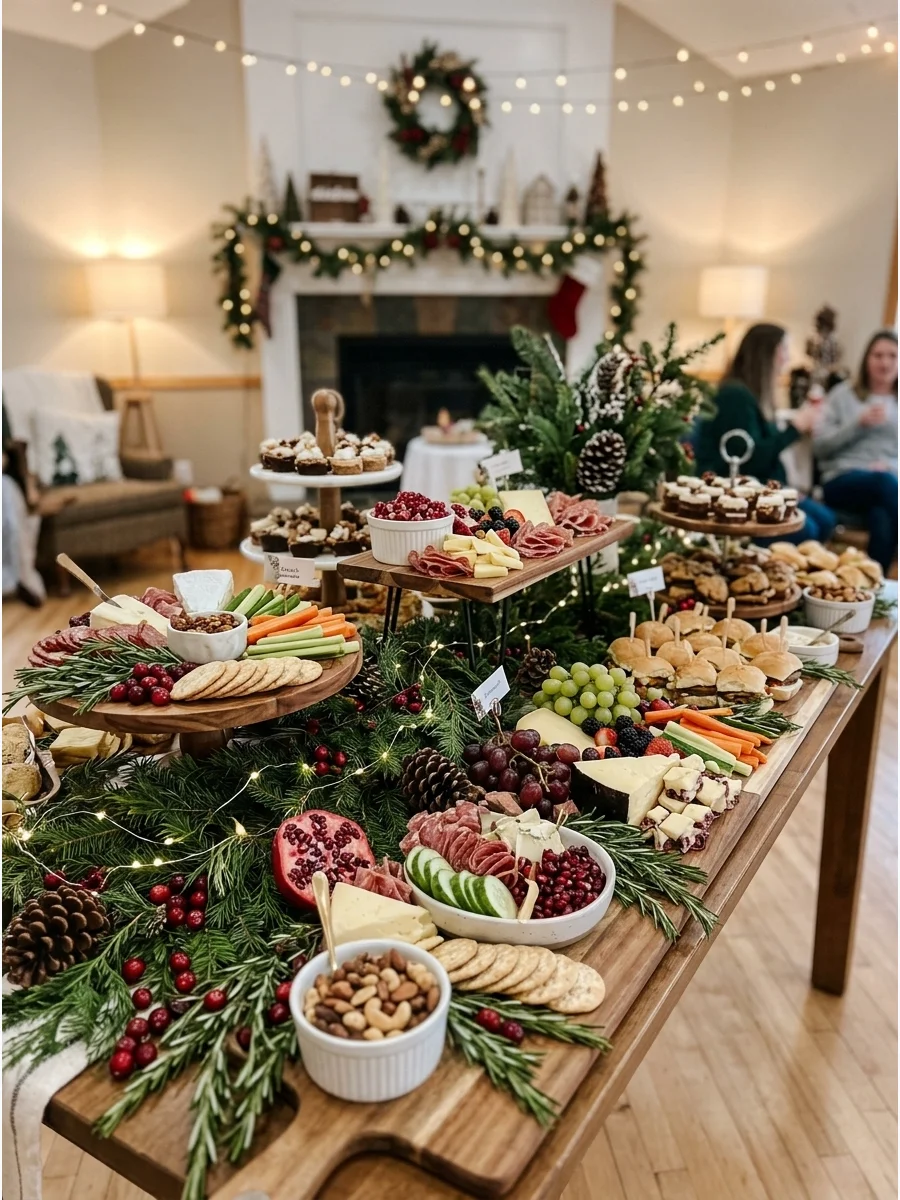 A festive grazing table with cheese, crackers, and rosemary garnishes.