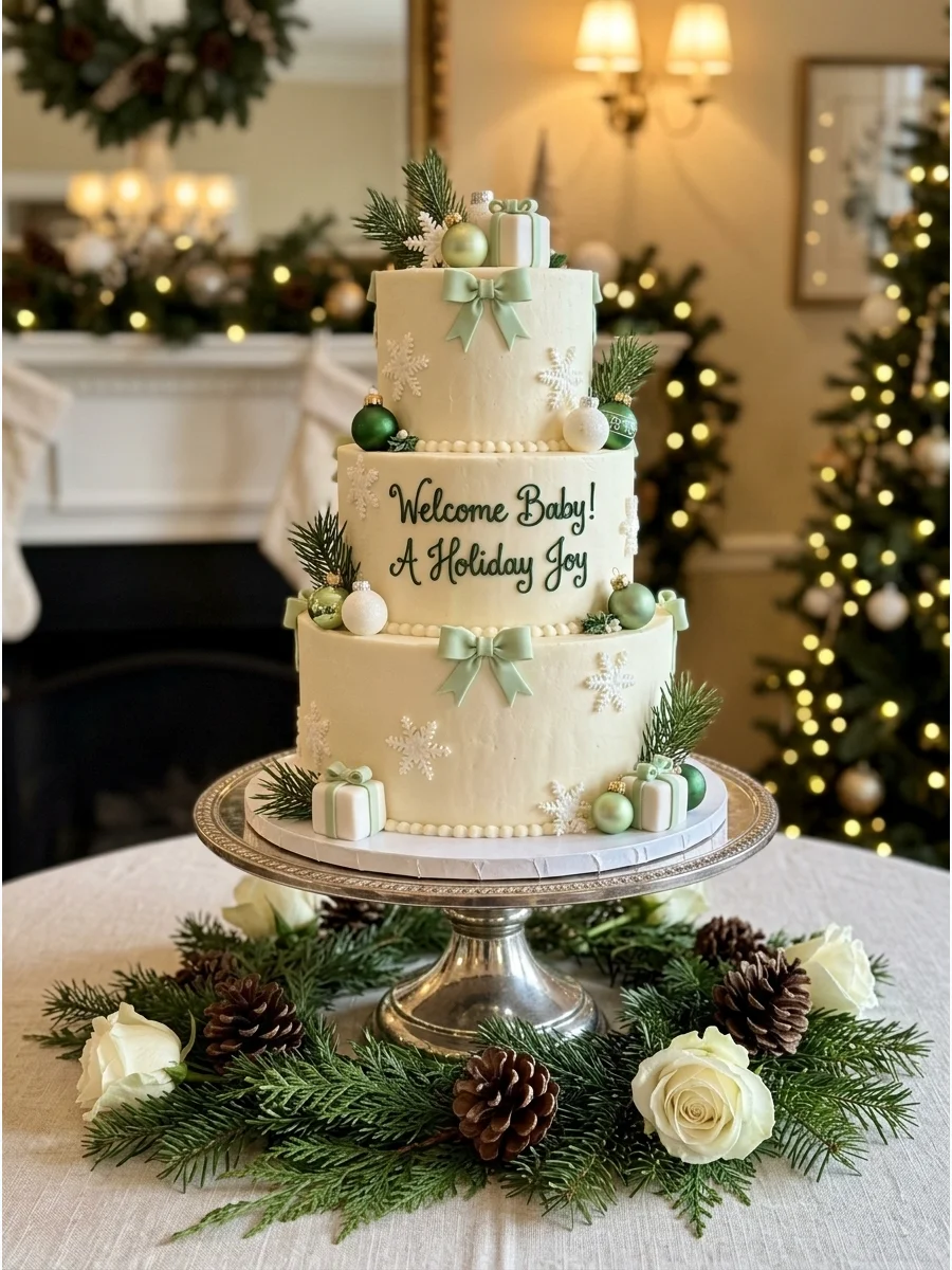 A tiered ivory baby shower cake decorated with velvet ribbon and evergreen.