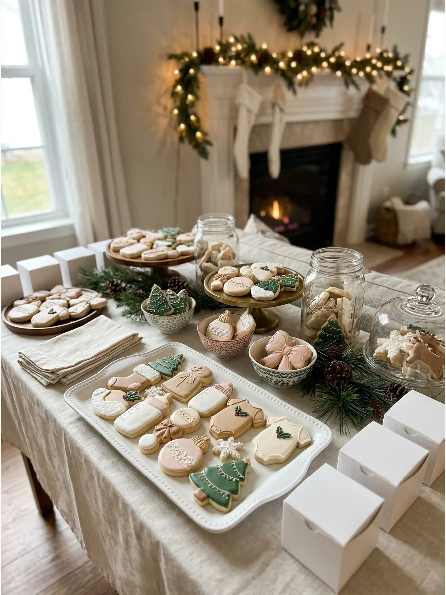 A display of holiday-themed baby shower cookies on a decorated table.