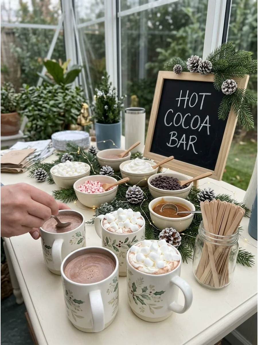 A hot cocoa bar with festive toppings and holiday signage.