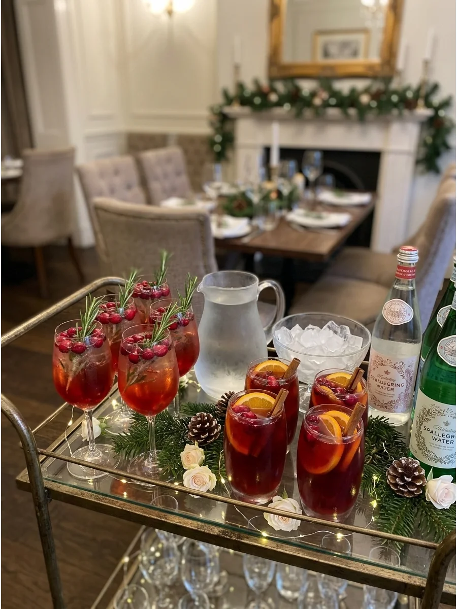 A holiday mocktail station with cranberry punch and rosemary garnishes.