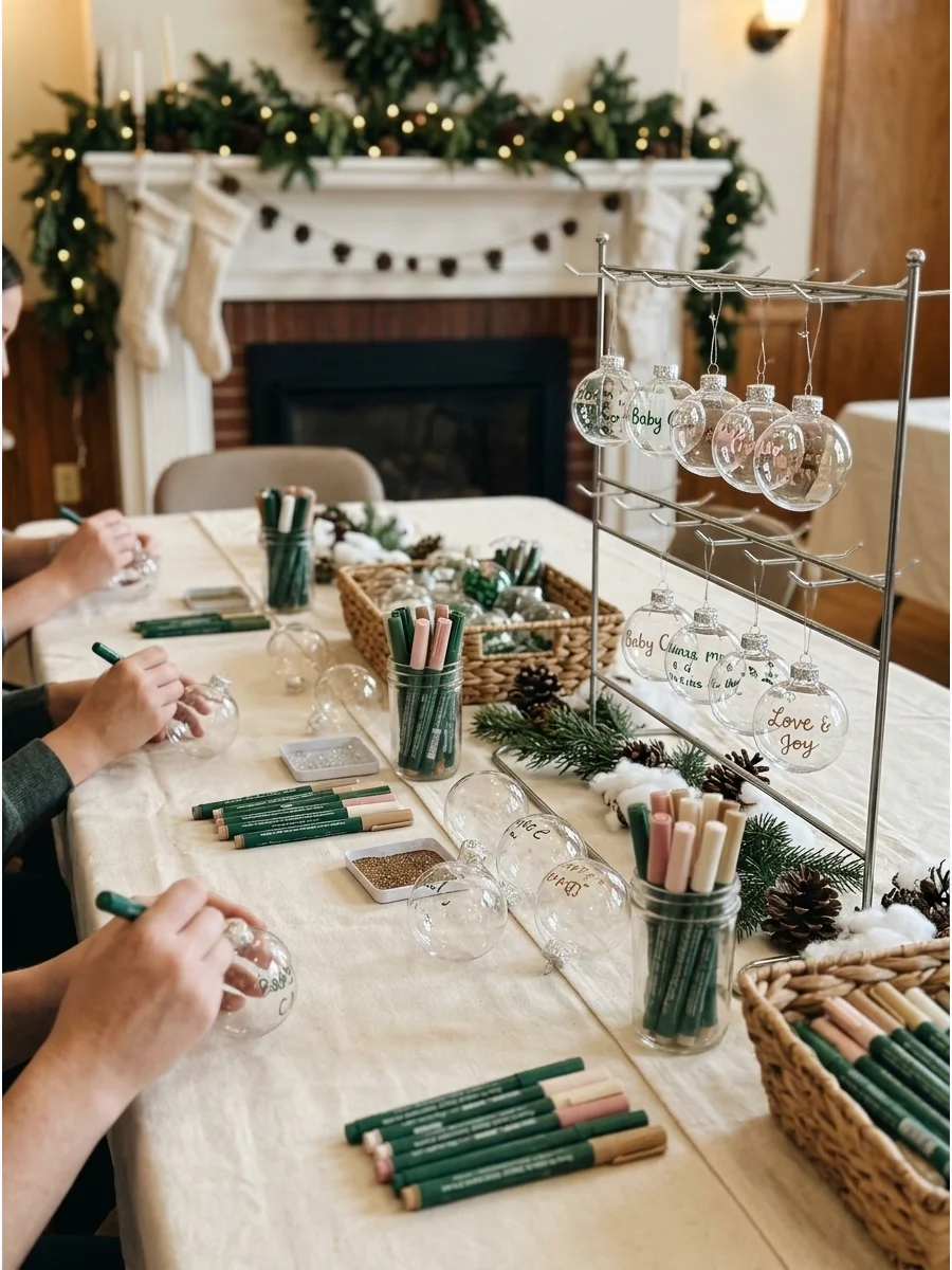 A craft station for guests to decorate Christmas ornaments for the baby.