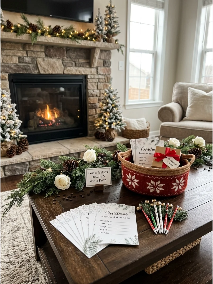 Christmas-themed baby prediction cards for a holiday shower game.