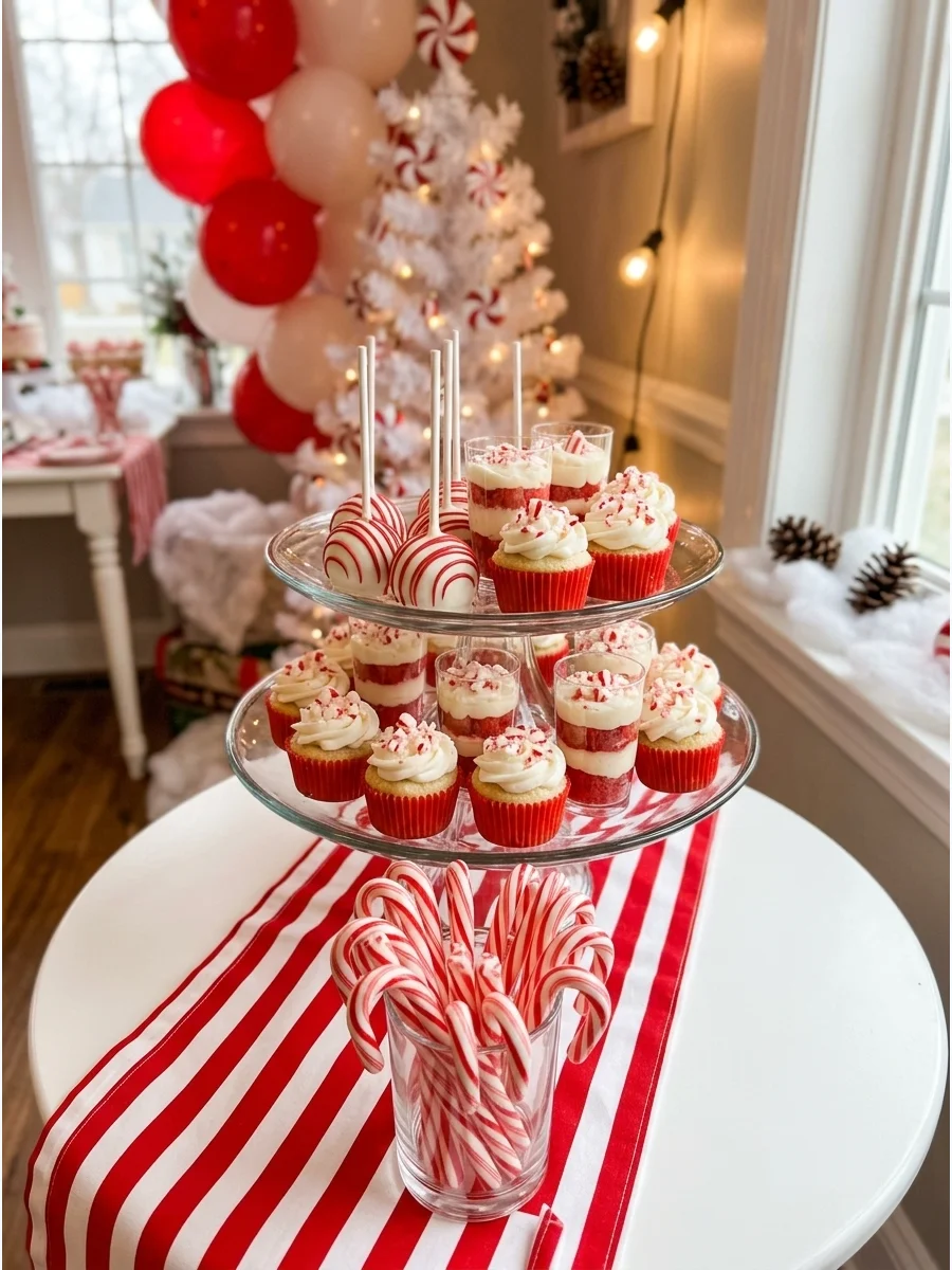 A tea table decorated with red and white stripes and candy canes.