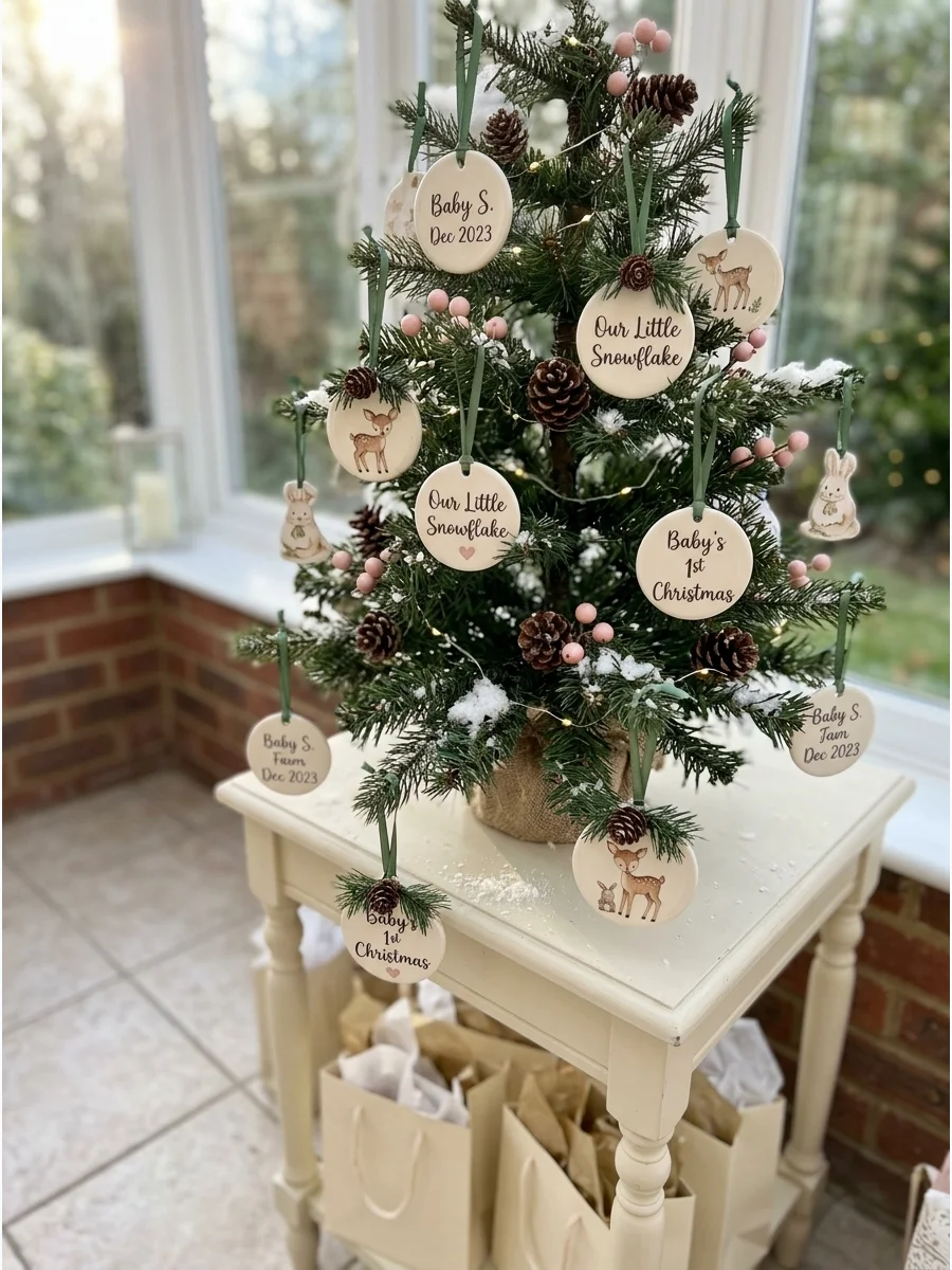 A tabletop Christmas tree displaying personalized ornament favors for guests.