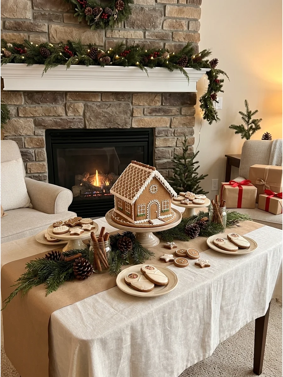 A gingerbread themed dessert table with baby-shaped cookies.