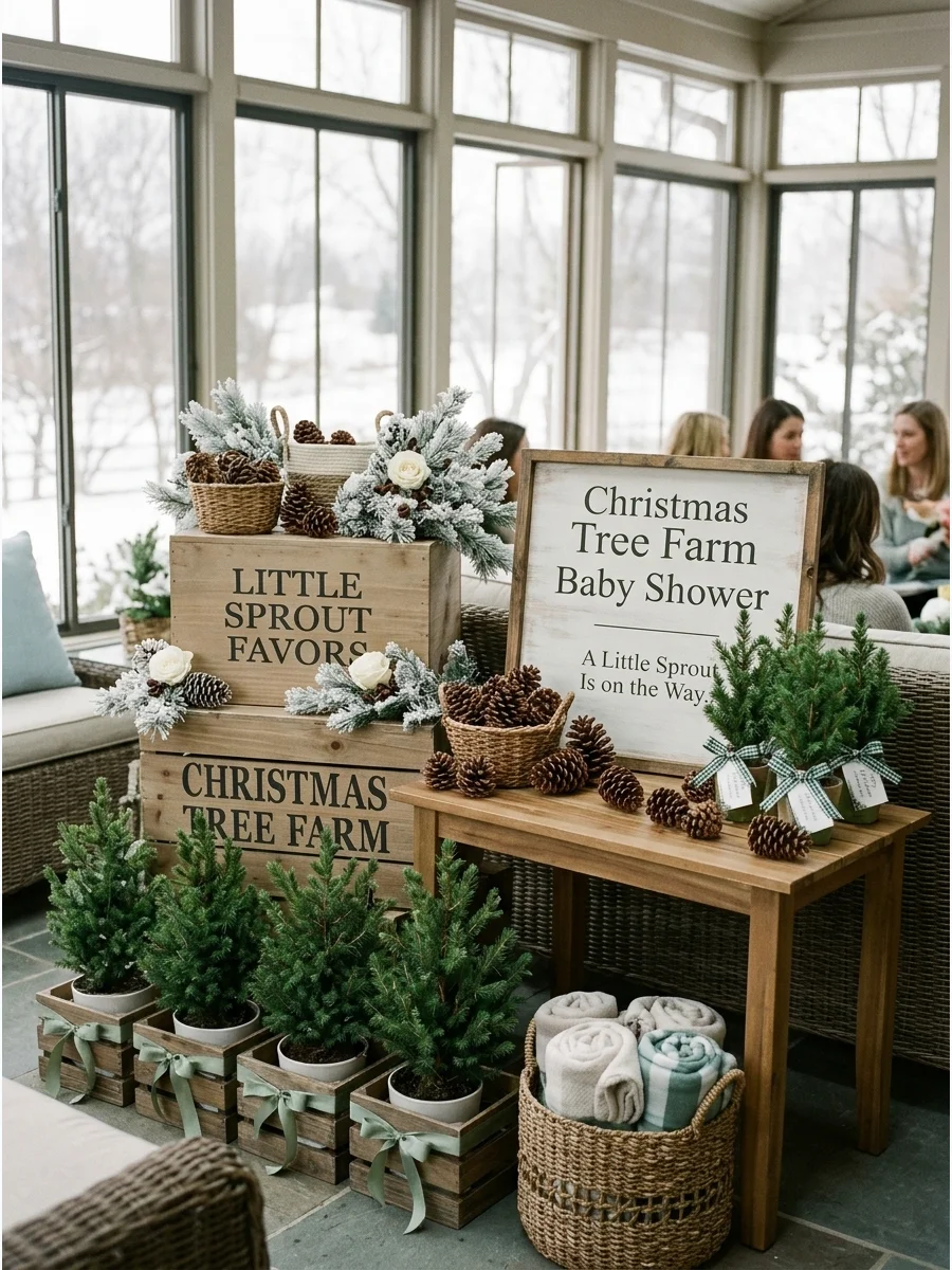 Small pine trees in wooden crates used as decor for a tree farm themed shower.