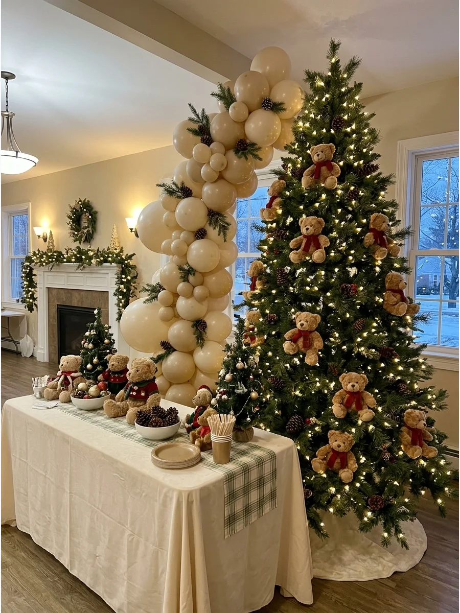 A Christmas tree decorated with teddy bears wearing red scarves.