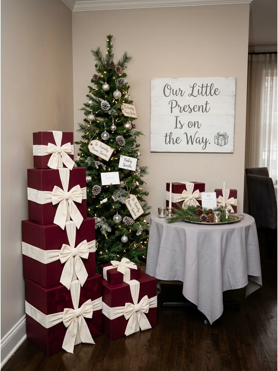 Stacked burgundy gift boxes with cream bows used as a baby shower backdrop.