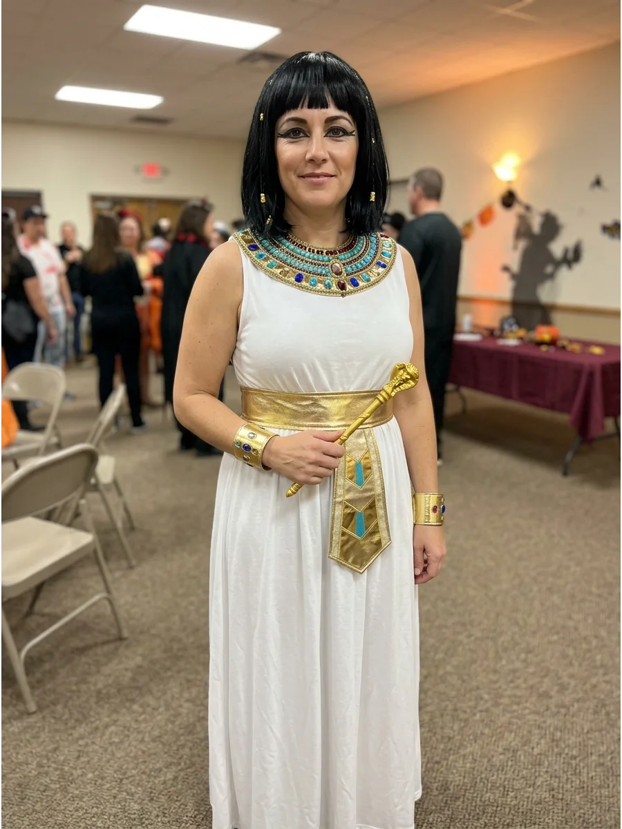 Classic White and Gold Cleopatra Costume. Choose a flowing white maxi dress and define the waist with a wide metallic-gold belt. Complete the classic Cleopatra look with a jeweled