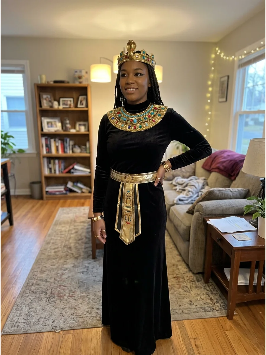 Black Velvet Cleopatra Costume. A long black velvet dress can create a rich and dramatic Cleopatra outfit for cooler Halloween weather. Style it with a heavy-looking gold collar, j