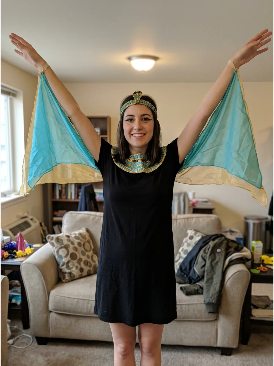 Cleopatra Costume With a Winged Cape. Attach lightweight gold or turquoise fabric from the wrists to the shoulders to form dramatic wings. The cape opens beautifully when you raise