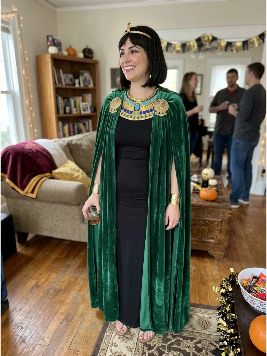 Floor-Length Cape Cleopatra Costume. Layer a long ivory, black, or jewel-tone cape over a fitted maxi dress. Secure it with gold shoulder clasps and add a structured collar to emph