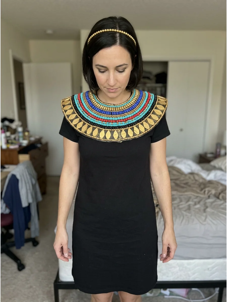 Jeweled Collar Cleopatra Costume. Make an oversized Egyptian-inspired collar the main feature of the outfit. Decorate it with rows of gold, blue, red, and turquoise shapes, then we