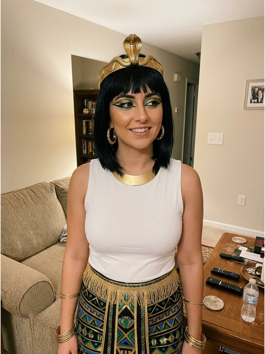 Cobra Crown Cleopatra Costume. Create a statement headpiece featuring a raised cobra design in the center. Pair it with a sleek black wig, metallic eye makeup, and matching gold je