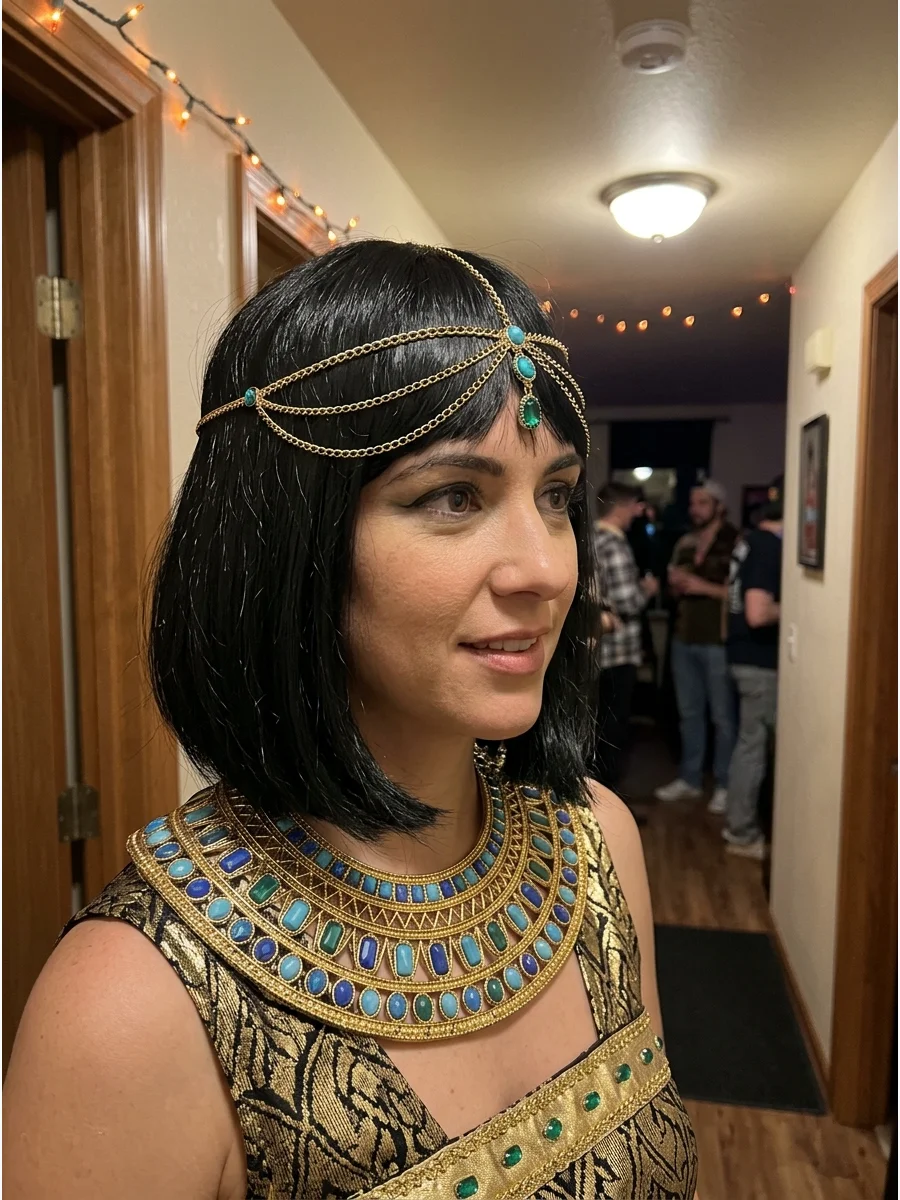 Gold Head-Chain Cleopatra Costume. Wear a delicate gold head chain over straight hair or a black bob wig. Add small blue or green stones to coordinate the headpiece with the collar