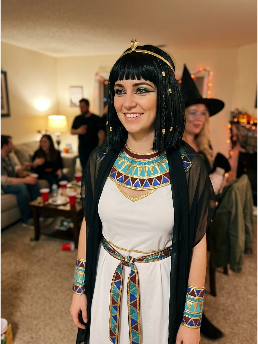 Cleopatra Costume With a Black Bob Wig. A straight black wig with blunt bangs is one of the easiest ways to make the costume instantly recognizable. Add thin gold hair beads or a s