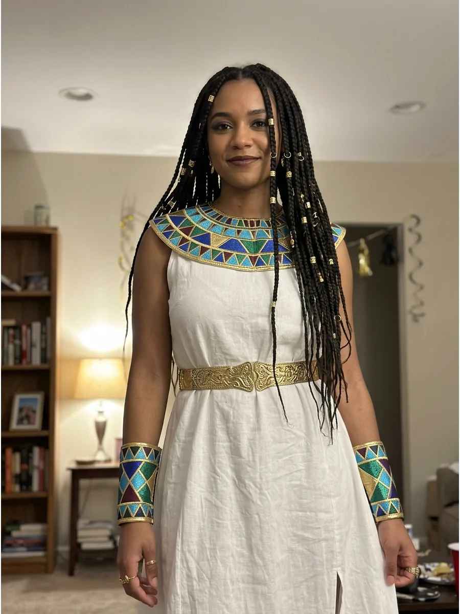 Cleopatra Costume With Long Braids. Replace the classic bob with long braids decorated with a few gold cuffs. Keep the rest of the costume traditional with a white gown, wide colla