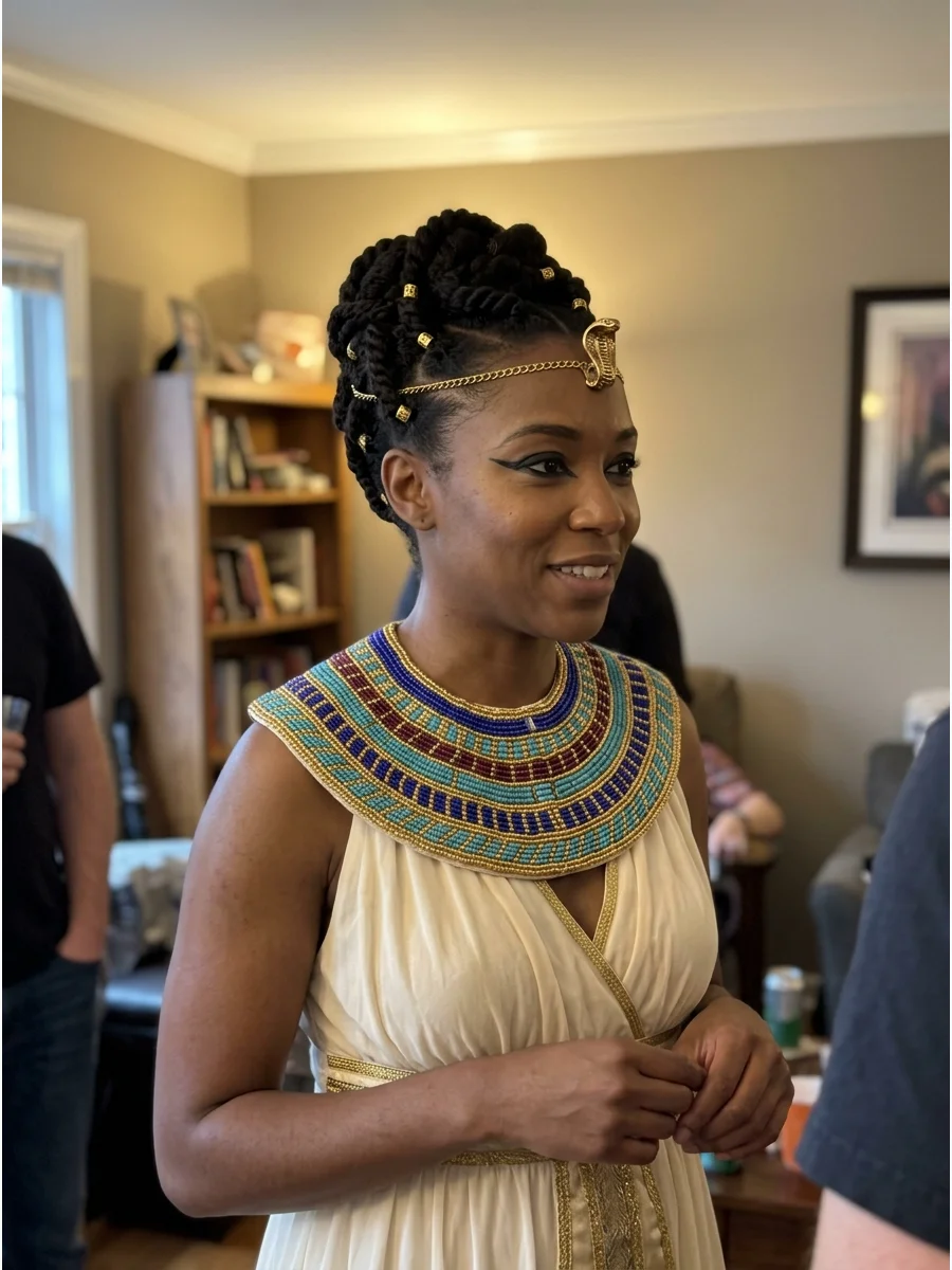 Natural-Hair Cleopatra Costume. Style natural hair in an elegant updo, long curls, or defined braids instead of wearing a wig. A gold forehead chain and dramatic collar can still c