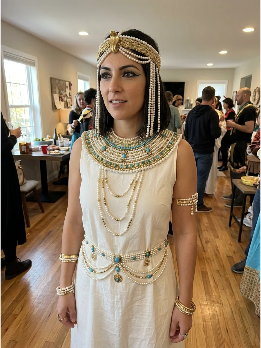 Pearl and Gold Cleopatra Costume. Combine pearl strands with gold jewelry for a softer royal look. Layer the pearls around the collar, headpiece, and waist while keeping the dress