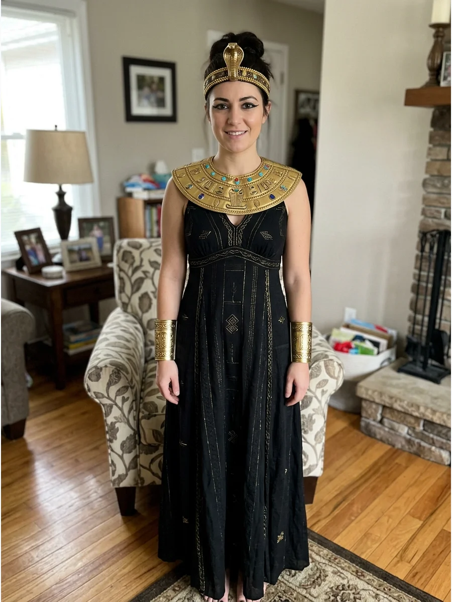 Black and Gold Cleopatra Costume. Create a more dramatic outfit with a long black dress covered in subtle gold details. Add a structured gold collar, matching wrist cuffs, and a co