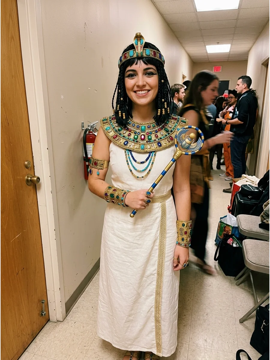 Jewel-Tone Cleopatra Costume. Mix emerald, sapphire, ruby, and turquoise details into the collar and accessories. Use a neutral black, white, or ivory dress so the colorful stones