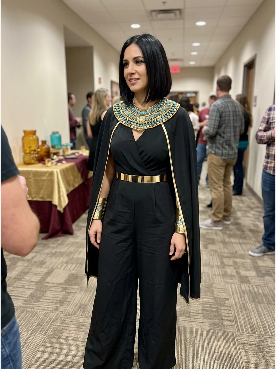 Modern Cleopatra Jumpsuit. Wear a white, black, or gold wide-leg jumpsuit instead of a traditional gown. Add a metallic belt, detachable cape, statement collar, and sleek hairstyle