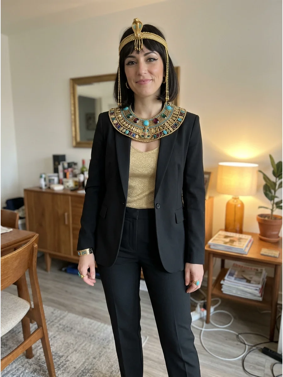Cleopatra Pantsuit Costume. Create a polished modern outfit with a tailored black pantsuit and a gold top underneath. Add a broad jeweled collar and gold headpiece to transform the