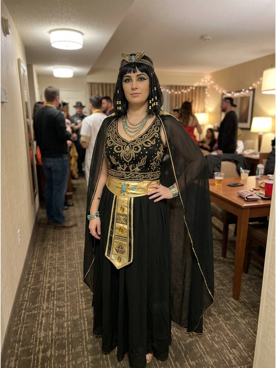 Coordinated Cleopatra Skirt Set. Pair a fitted top with a long matching skirt and wide metallic waistband. Add shoulder drapes or a cape to give the coordinated set a more theatric