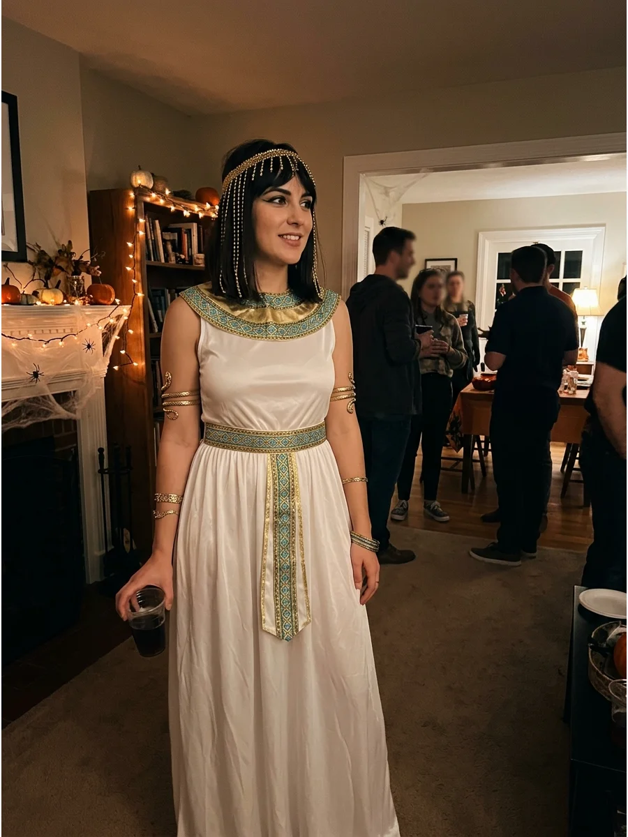 Satin Maxi-Dress Cleopatra Costume. Start with a satin maxi dress in white, champagne, black, or emerald. The reflective fabric works beautifully with metallic accessories and make