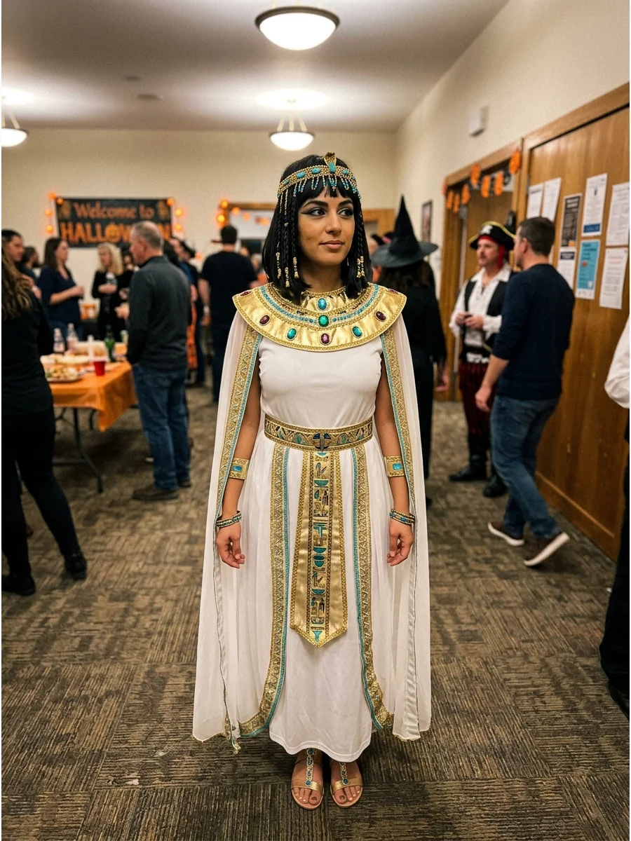 Cape-Dress Cleopatra Costume. Choose a dress with cape sleeves or attached shoulder panels. Add a structured gold belt and collar so the existing cape becomes part of the royal cos