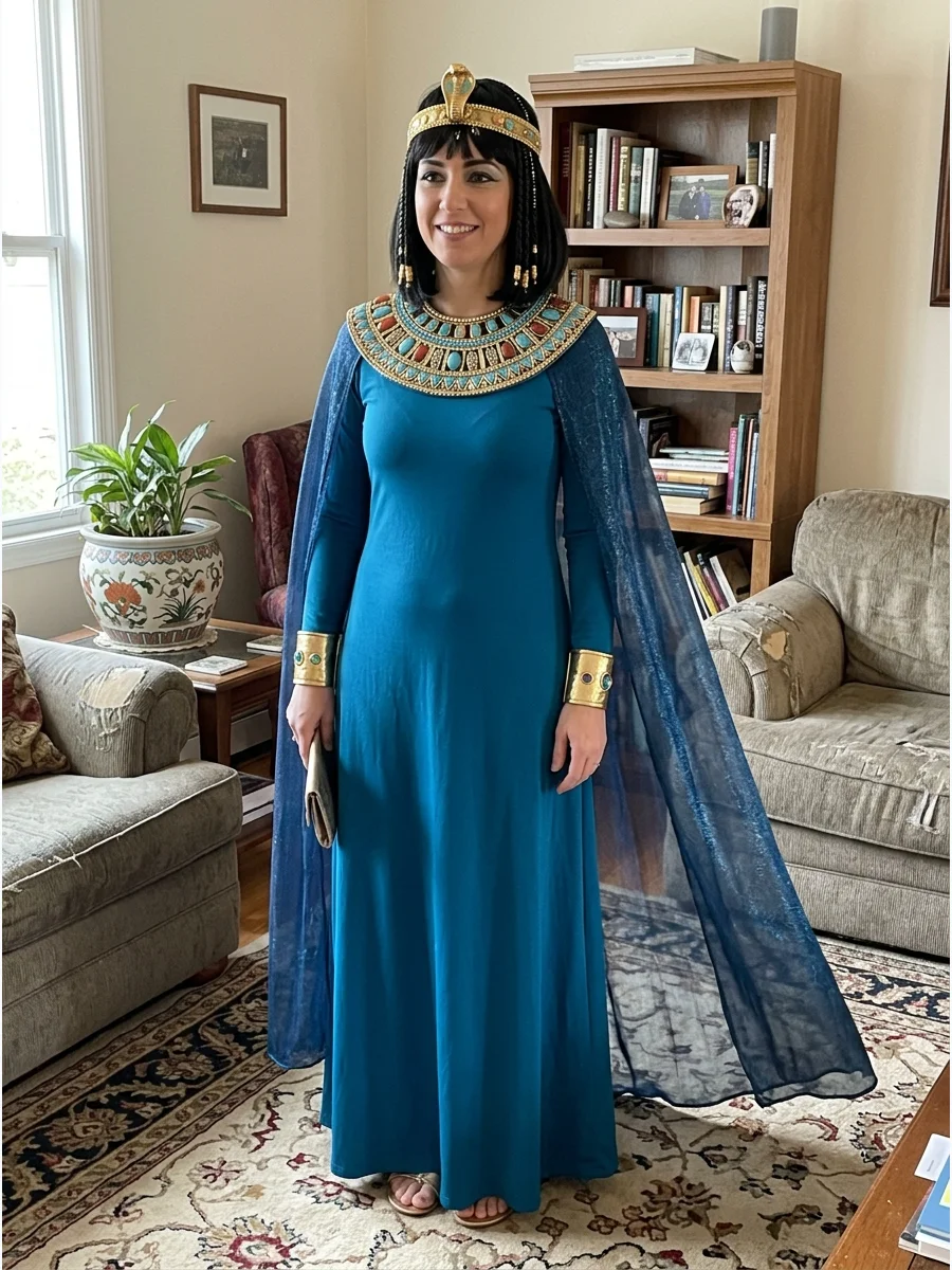 Long-Sleeve Cleopatra Costume. Use a long-sleeve maxi dress as the base for a warmer or more covered Cleopatra outfit. Add gold cuffs over the sleeves, a jeweled neckline, and a fl