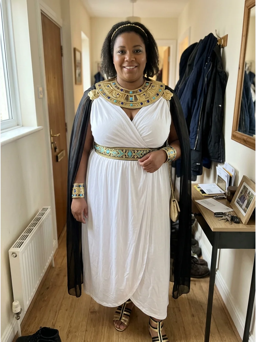 Plus-Size Cleopatra Costume. Choose a comfortable maxi dress with adjustable draping and add a wide decorative belt wherever it feels most comfortable. A statement collar, wrist cu