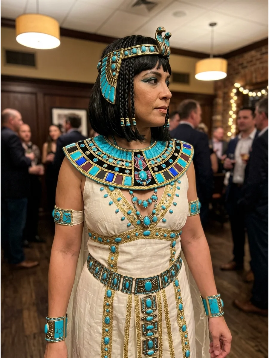 Turquoise and Gold Cleopatra Costume. Combine a white or ivory gown with turquoise stones, gold trim, and a colorful Egyptian-inspired collar. Turquoise accessories help the tradit