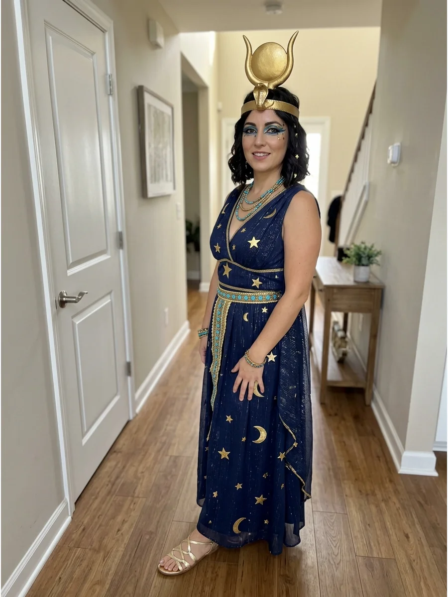 Celestial Cleopatra Costume. Add stars, moons, and subtle metallic shimmer to a navy or black Cleopatra outfit. Use a gold sun-disc headpiece and celestial eye makeup for a magical