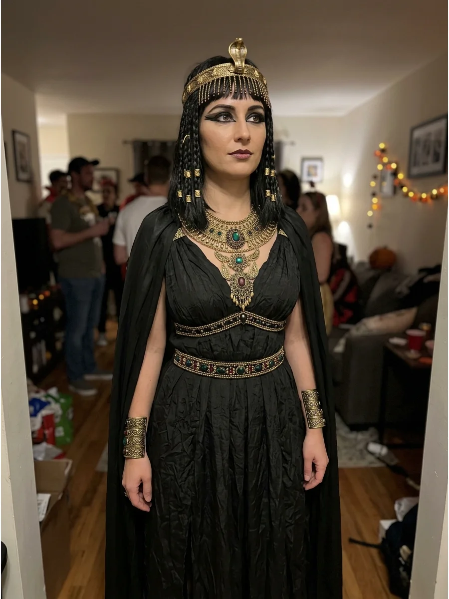 Dark Queen Cleopatra Costume. Build a moody version using a black gown, antique-gold accessories, dark eye makeup, and a black cape. Deep emerald or burgundy stones can add color w