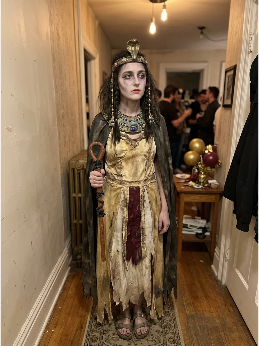 Haunted Cleopatra Costume. Create a supernatural version with weathered fabric, faded gold accessories, and pale theatrical makeup. Add light distressing to the cape and dress so t