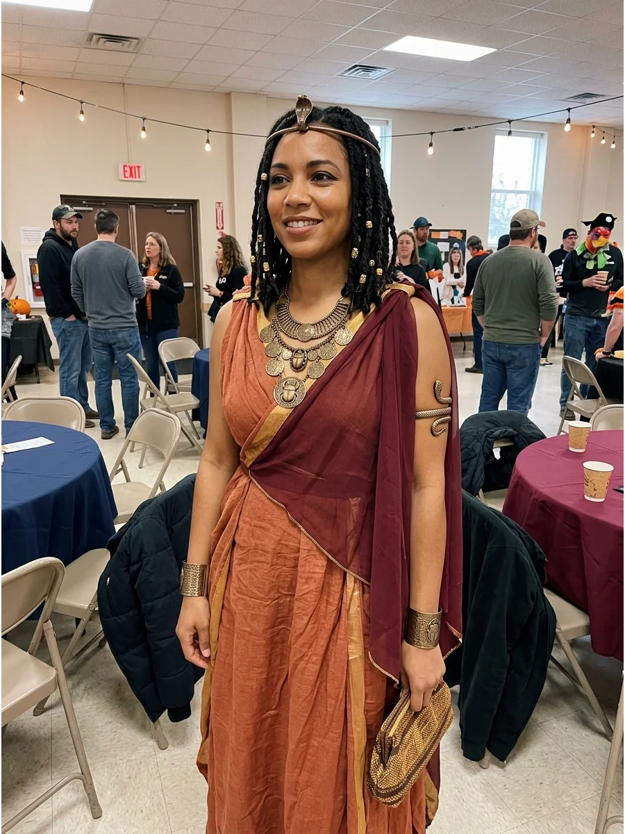 Desert Sunset Cleopatra Costume. Use shades of rust, amber, burgundy, and gold to create a warm sunset-inspired palette. Layer lightweight fabrics and finish the outfit with bronze