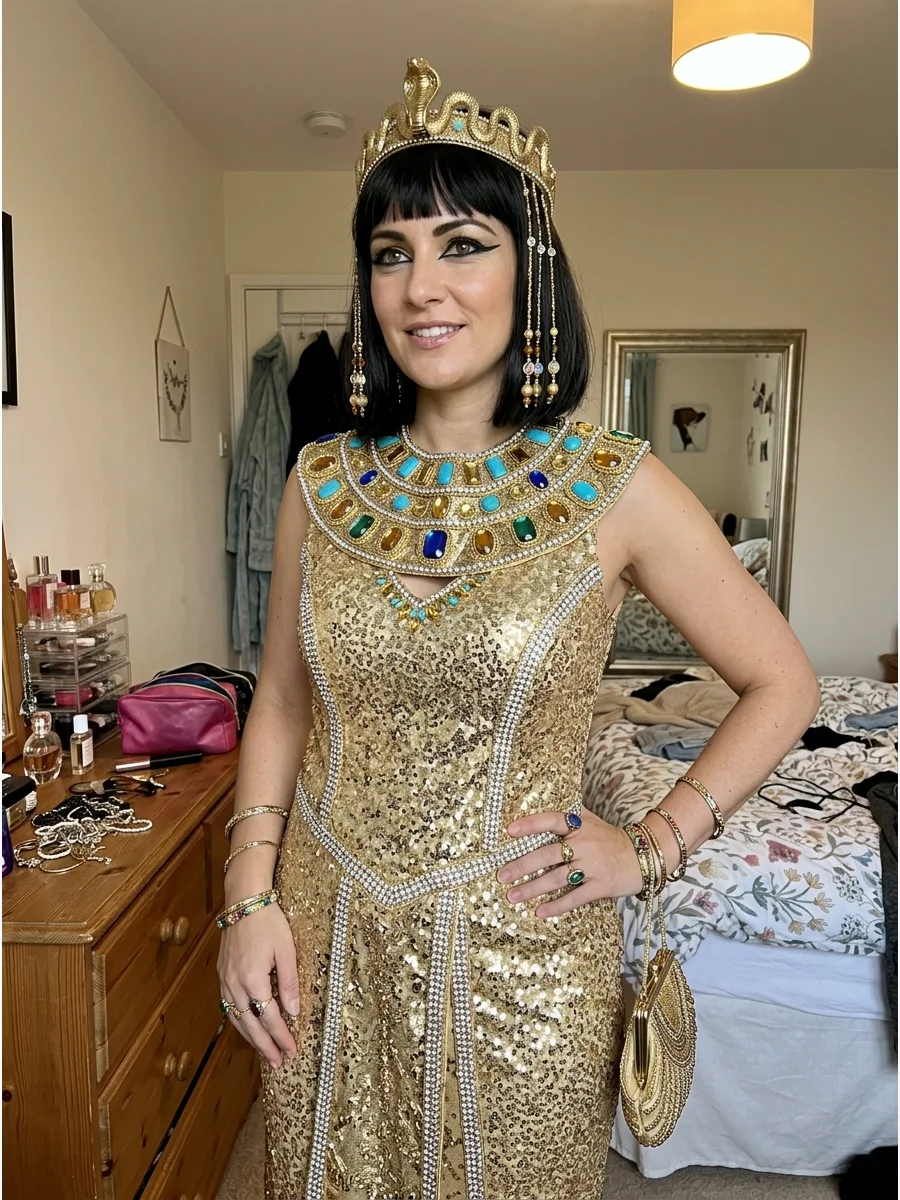 Glamorous Cleopatra Costume. Choose a sparkling gown with rhinestone trim, a jeweled collar, and an ornate crown. Keep the accessories within the same gold-and-jewel color palette