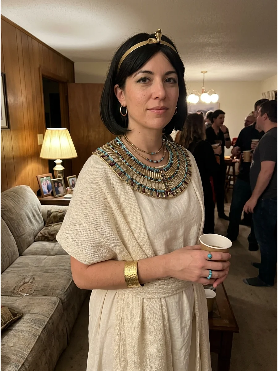 Historically Inspired Cleopatra Costume. Use a simple linen-style dress, draped shawl, broad collar, and understated gold jewelry. Choose natural-looking fabrics and less theatrica