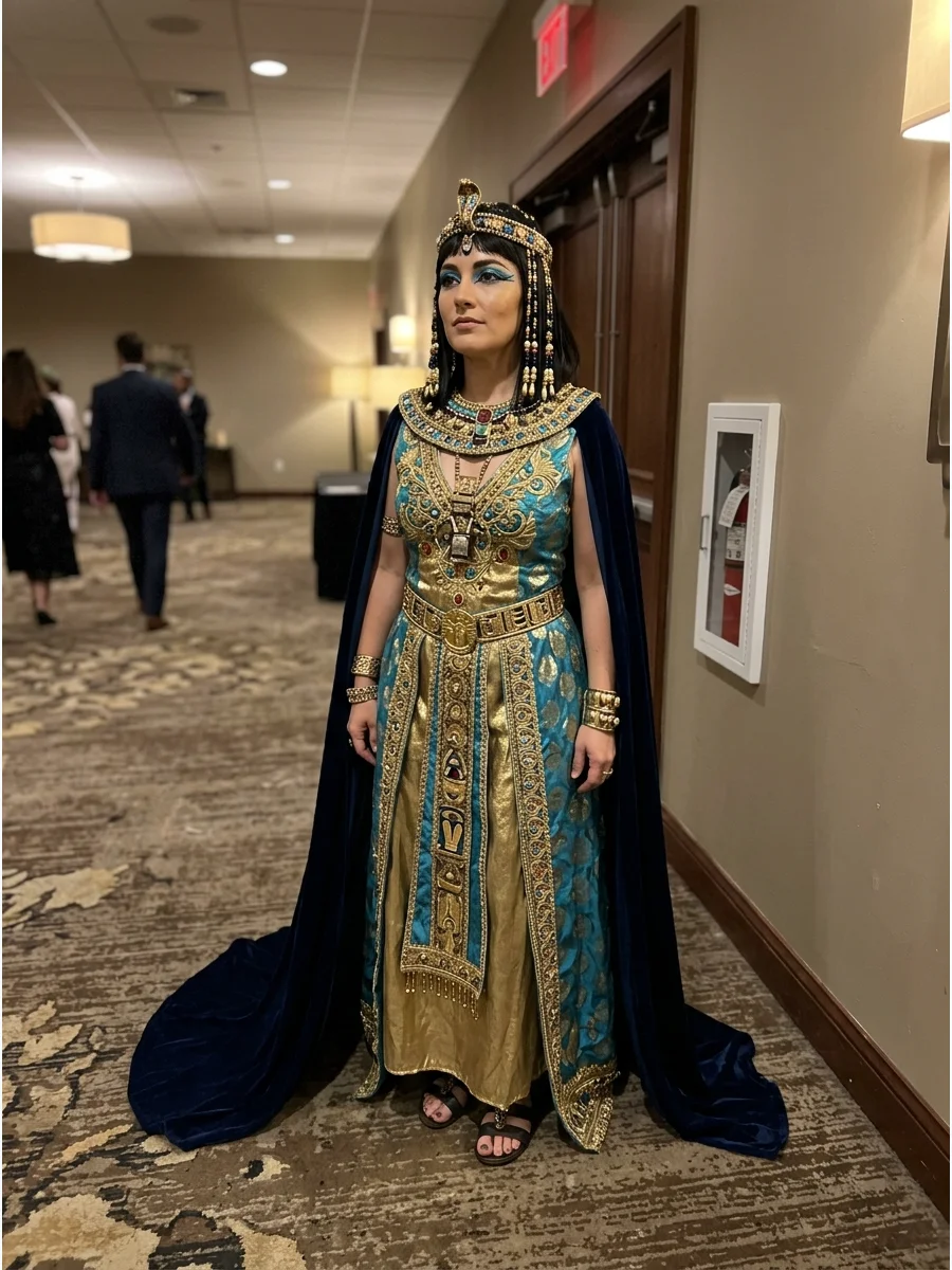 Hollywood-Inspired Cleopatra Costume. Recreate the dramatic glamour associated with vintage Cleopatra films using bold blue eyeliner, an elaborate jeweled headdress, and a richly d