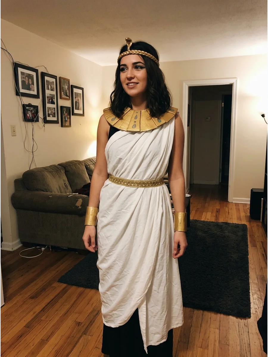 DIY Bedsheet Cleopatra Costume. Turn a clean white bedsheet into a draped gown by wrapping and securing it comfortably over a base outfit. Add a handmade gold belt, collar, and wri