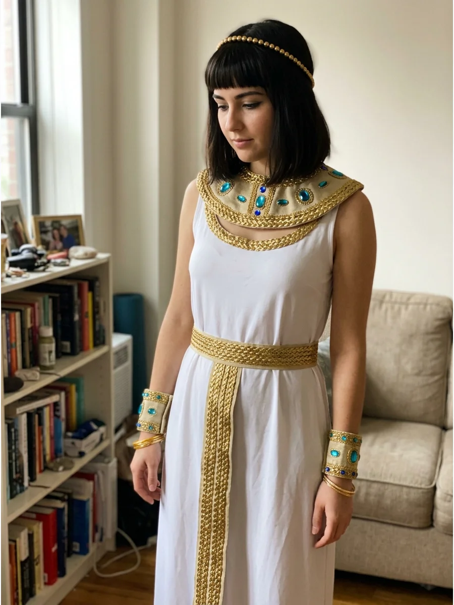 No-Sew Cleopatra Costume. Start with a plain maxi dress and attach removable gold trim using fabric-safe adhesive or fashion tape. Make the collar and cuffs separately so no sewing