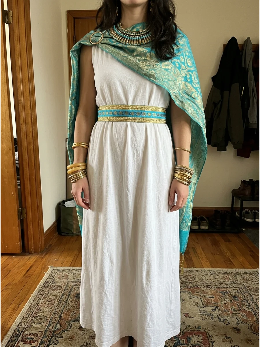 Thrift-Store Cleopatra Costume. Look for a white, black, or jewel-tone maxi dress at a thrift store and focus the budget on accessories. A secondhand curtain or scarf can also beco