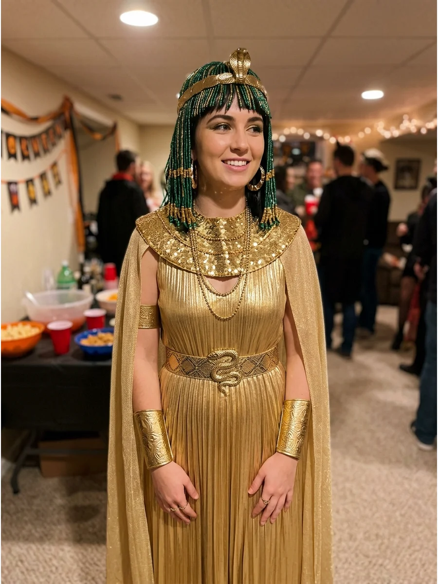All-Gold Cleopatra Costume. Build a bold monochromatic costume around a metallic-gold gown or gold pleated dress. Use different textures in the cape, belt, collar, and jewelry to k